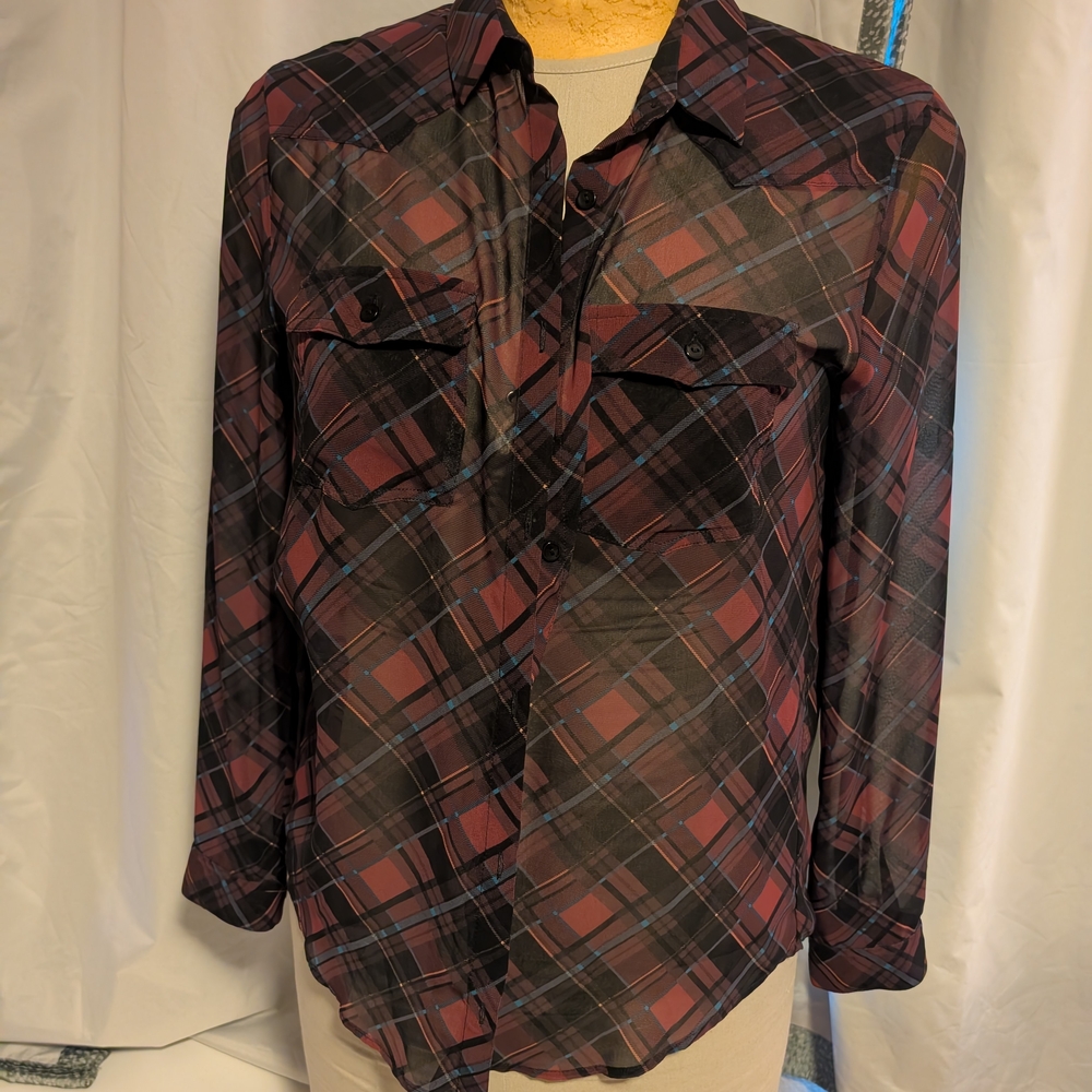 The Kooples Burgundy and Black Plaid Shirt